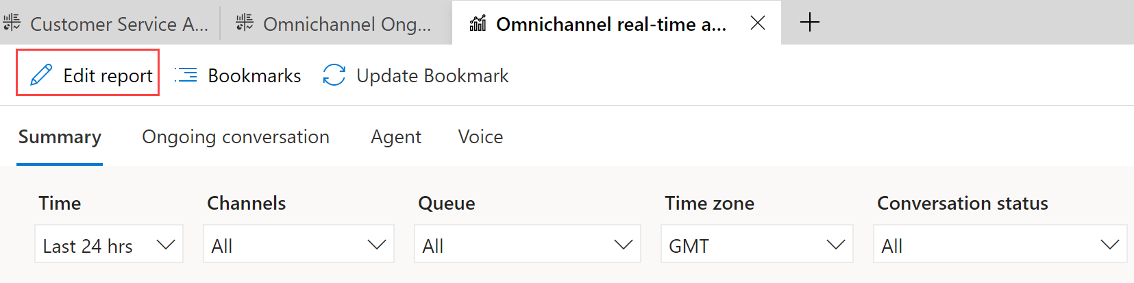 Captura de ecrã da página de relatório de análise em tempo real do Omnicanal, com o relatório Editar realçado.