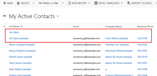 Contactos duplicados listados na lista Os Meus Contactos Ativos no Dynamics 365 Customer Engagement (on-premises).