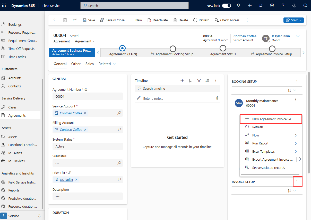 Captura de ecrã de um contrato que mostra a opção Adicionar nova fatura do contrato na Configuração da fatura.