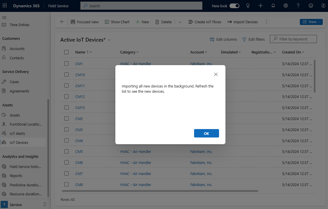 Captura de ecrã do Field Service na lista de Dispositivos IoT Ativos depois de selecionar Importar Dispositivos.