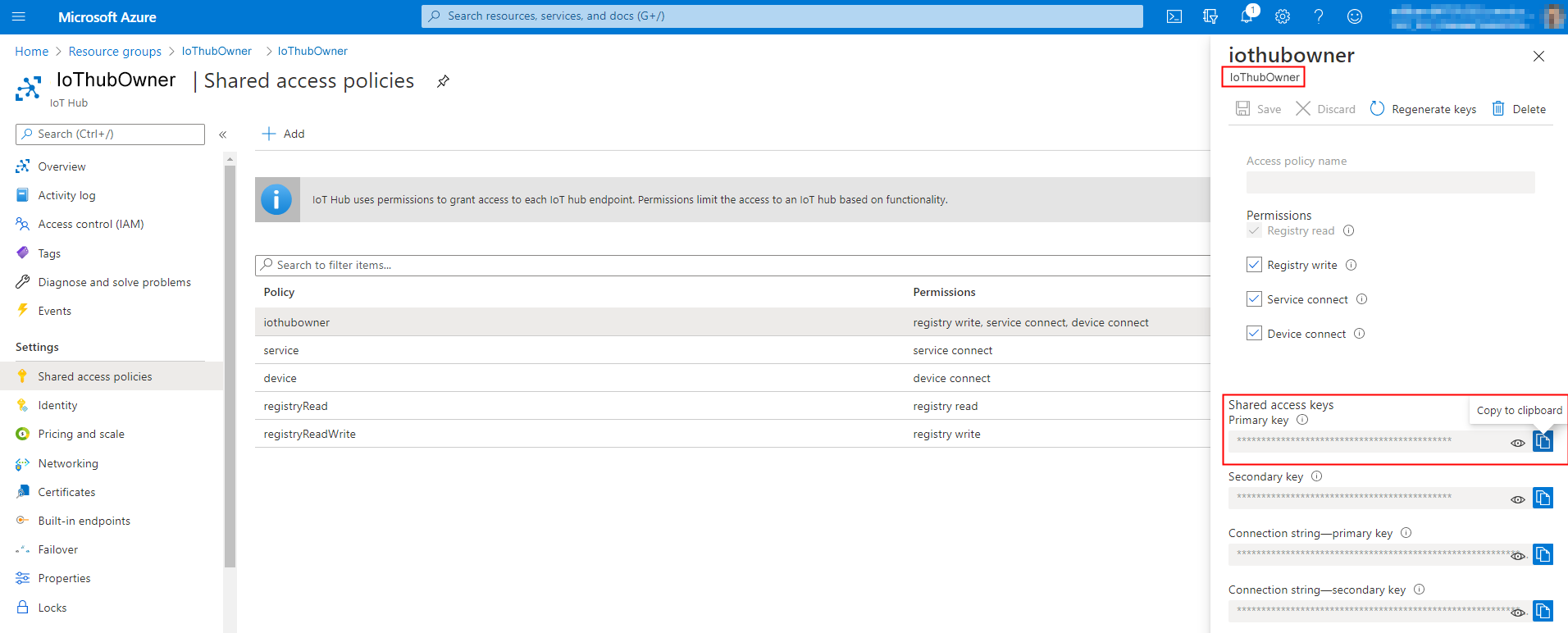 Captura de ecrã do Hub IoT do Azure a mostrar a chave primária.