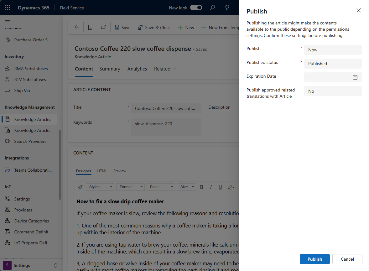 Captura de ecrã de um artigo de conhecimento do Field Service, que mostra o painel Publicar.