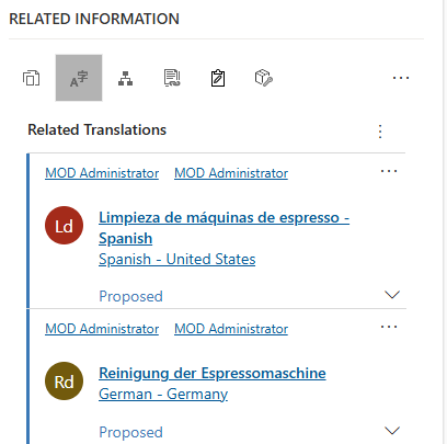 Captura de ecrã do painel Informações Relacionadas de um artigo de conhecimento que mostra uma lista de traduções relacionadas.