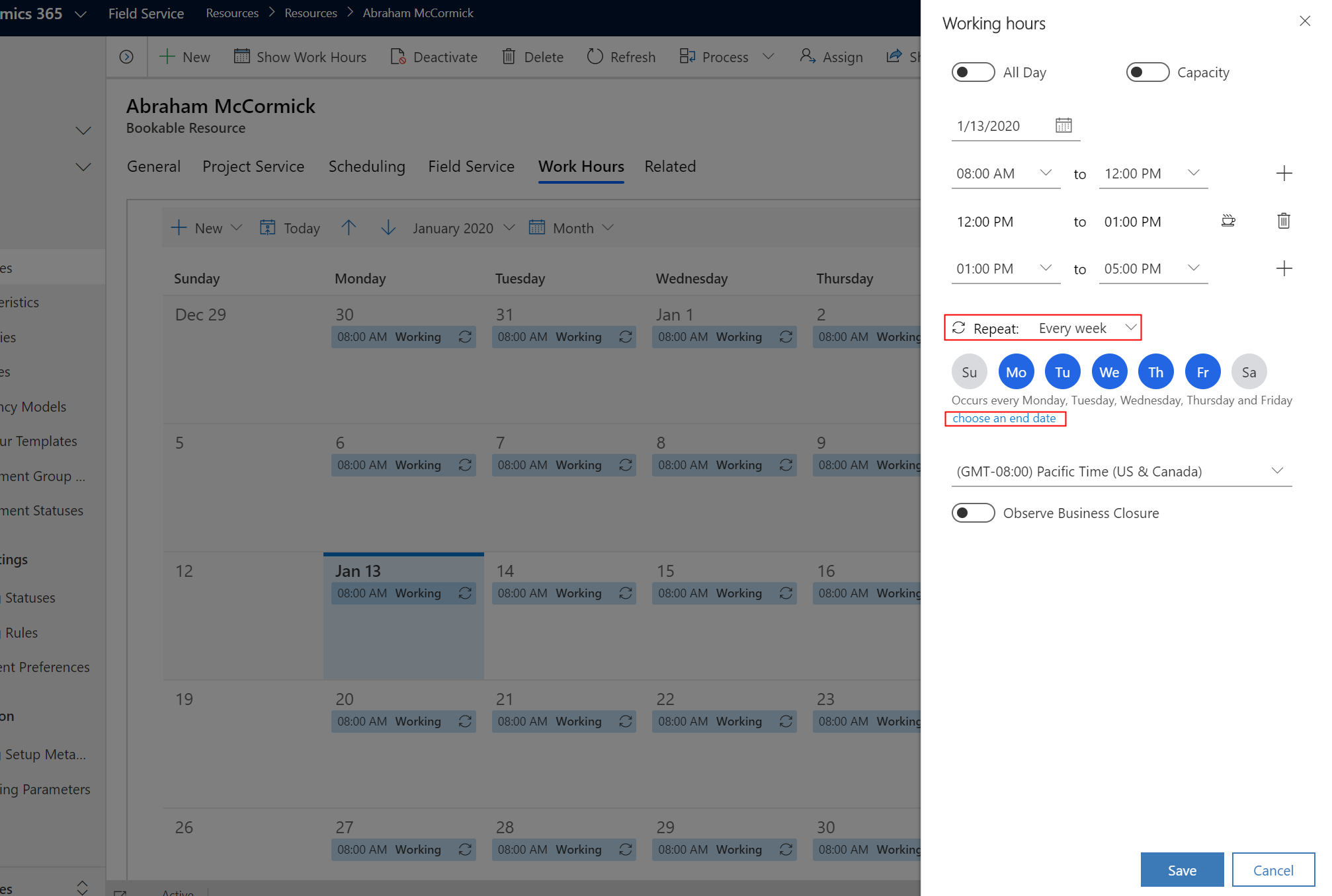 Captura de ecrã do painel horário de trabalho para configurar o horário de trabalho de um recurso.