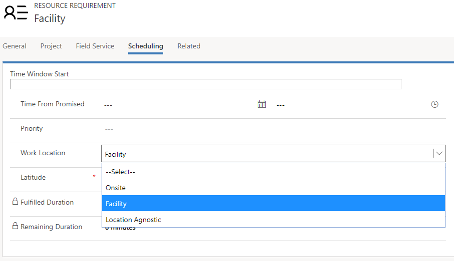 Captura de ecrã do campo de localização do trabalho definido como Instalações.