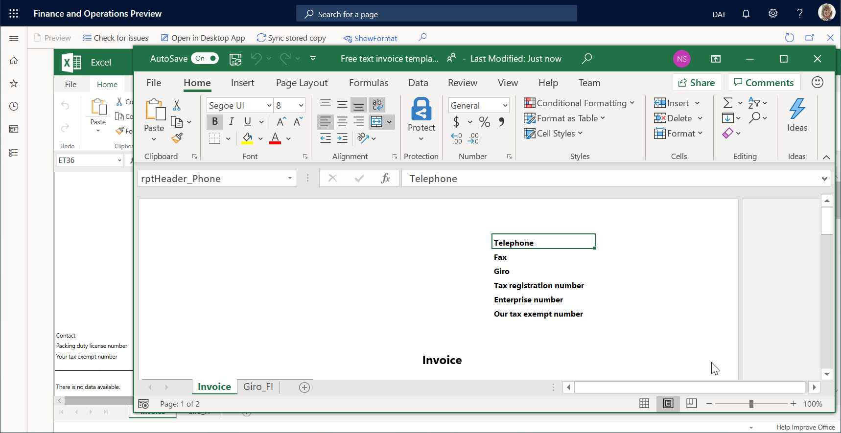 Modelo aberto na aplicação de ambiente de trabalho do Excel.