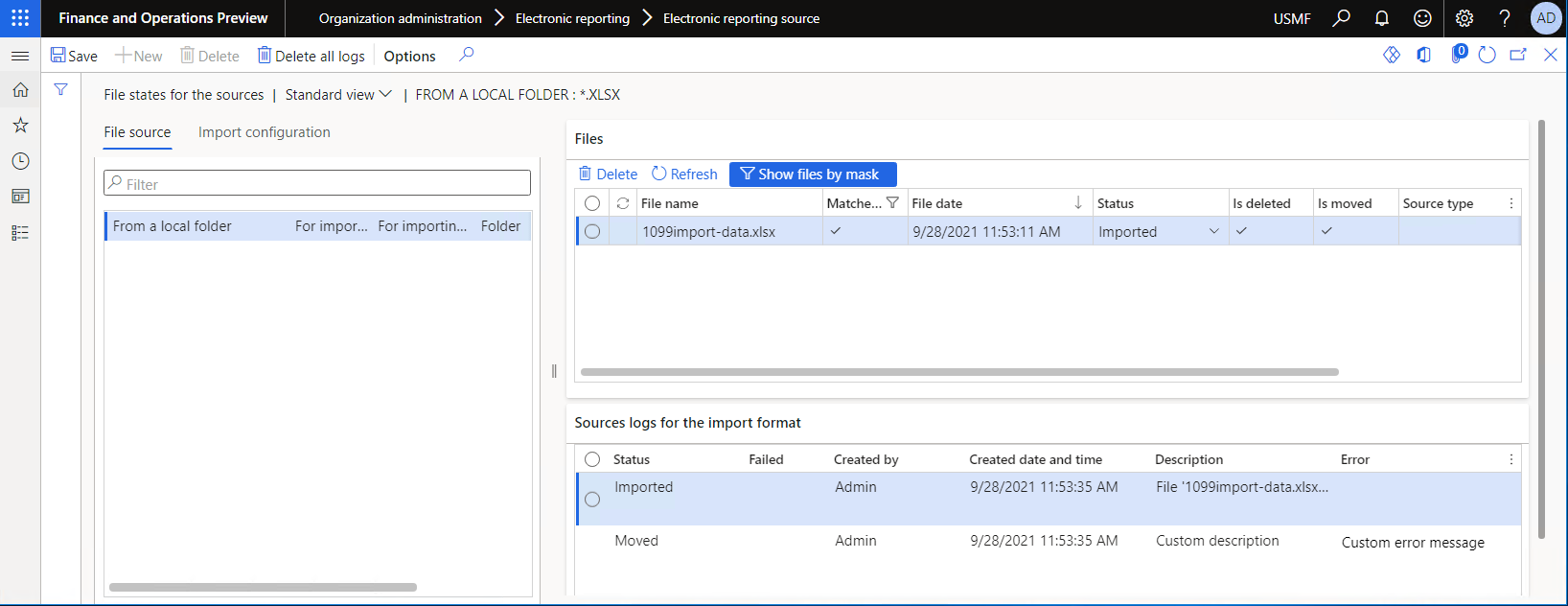 Reviewing the state of files for the custom file source on the File states for the sources page after file import.