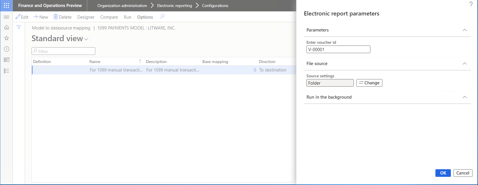 Running the ER model mapping to import data from an .xlsx file that is located in a custom source.