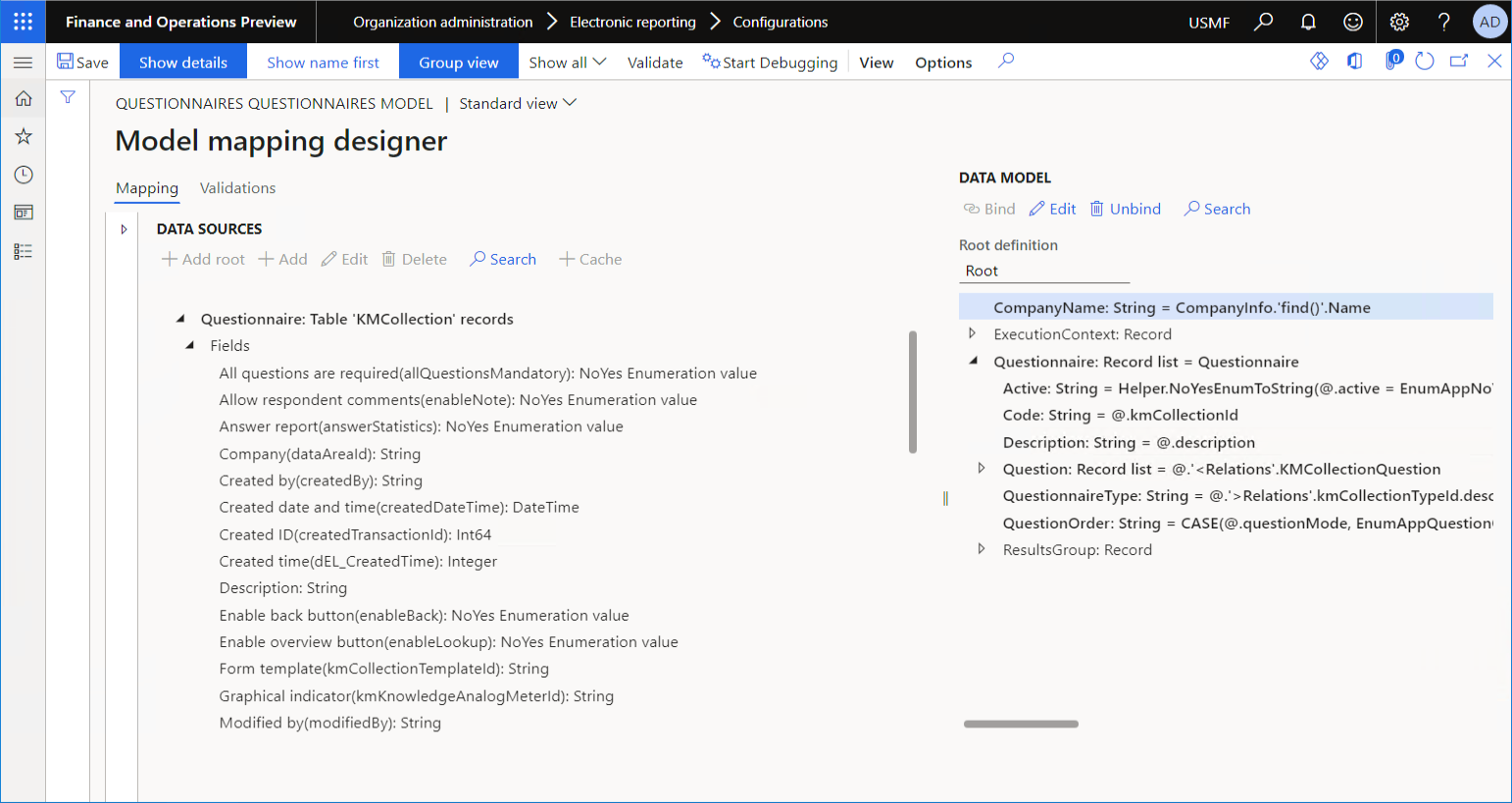 Revise o mapeamento de modelo fornecido na página Designer de mapeamento de modelos quando a exibição de Grupo estiver ativada.