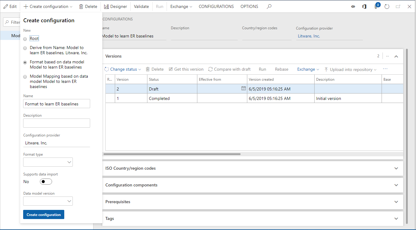 Caixa de diálogo Criar configuração, adicionar uma nova configuração de formato de ER.