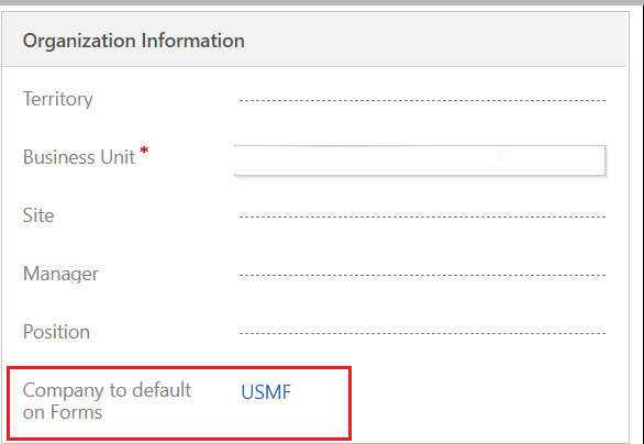 Definir a empresa predefinida na secção Informações da Organização.