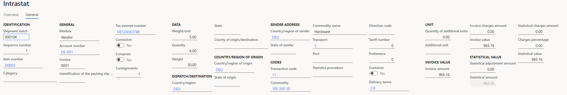 Purchase order details on the General tab of the Intrastat page