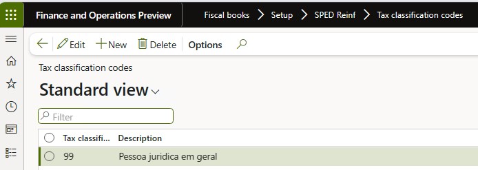 Página Códigos de classificação fiscal.