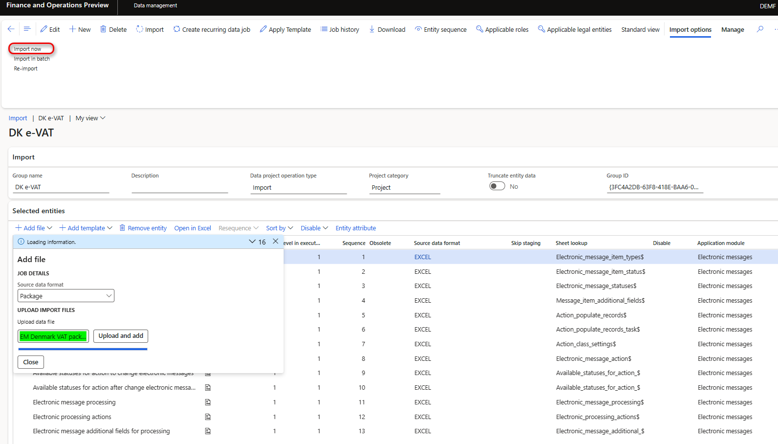 Importing the data package that contains example settings for electronic messages.