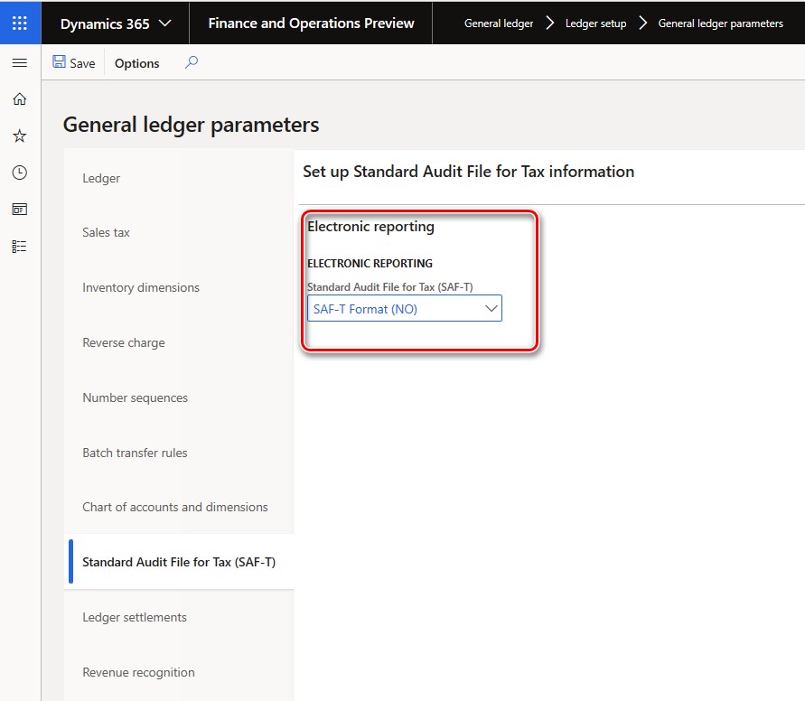 Standard Audit File for Tax (SAF-T) field on the General ledger parameters page.