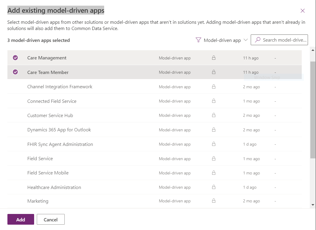 Add existing model-driven apps.