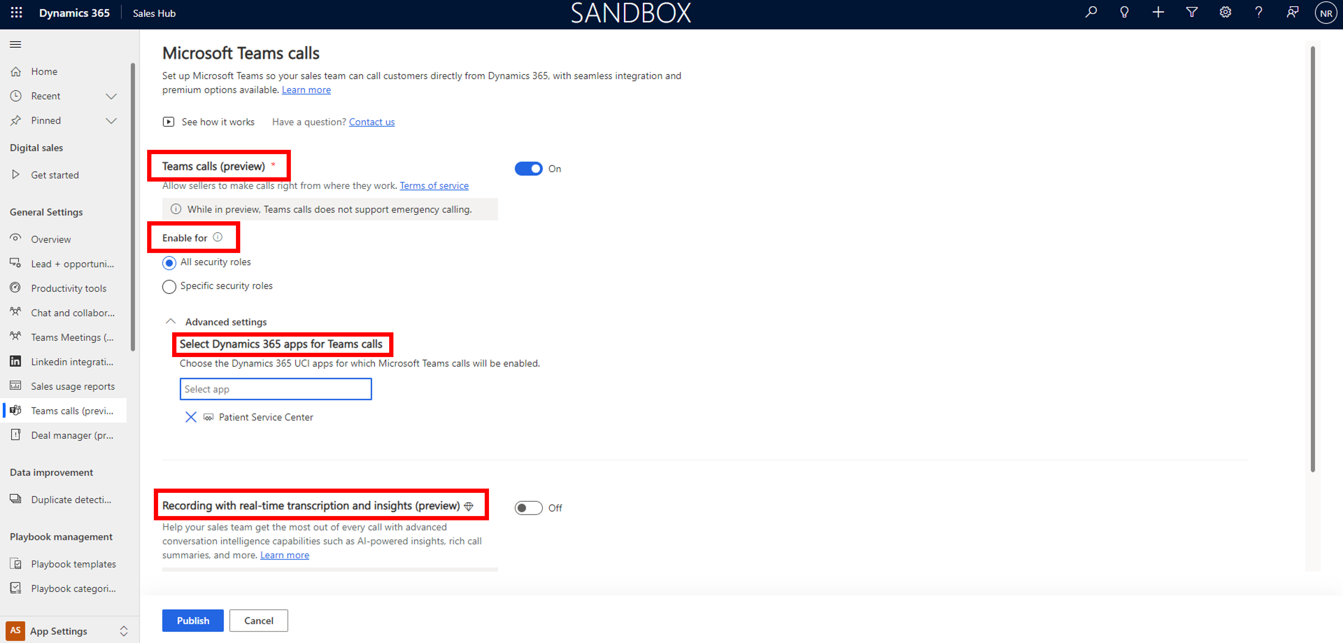 Captura de tela mostrando uma exibição de configurações adicionais de chamadas do Teams (versão preliminar).