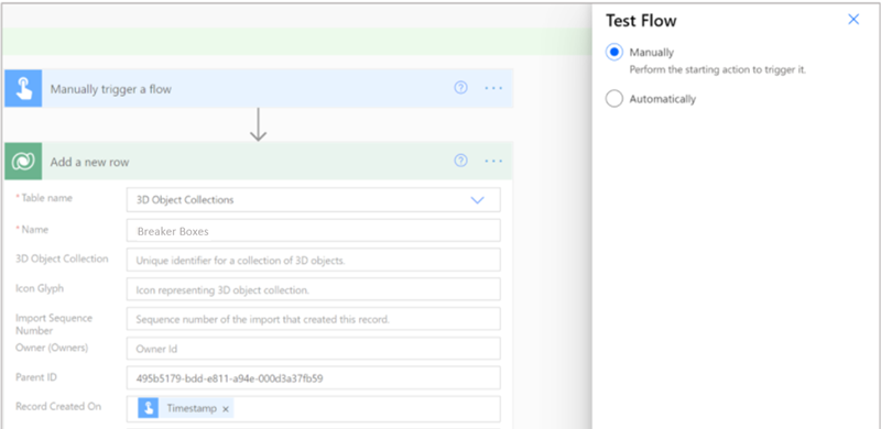 Painel de fluxo de teste em Power Automate.