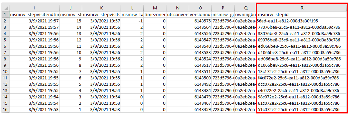 Planilha Excel baixada com a coluna R selecionada mostrando a lista de IDs de etapas.