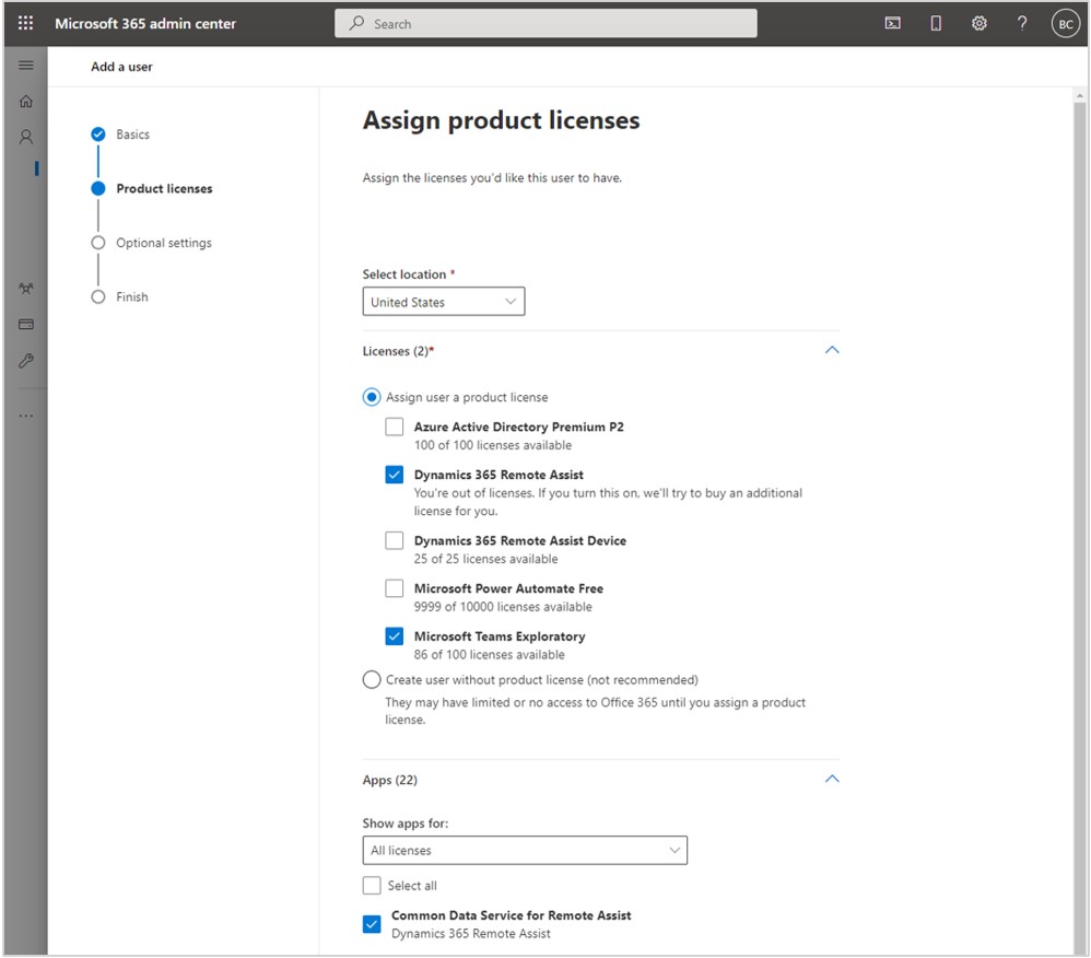 Captura de tela mostrando as caixas de seleção do Dynamics 365 Remote Assist e do Microsoft Teams marcadas.