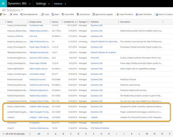 Captura de ecrã das soluções relacionadas com o LinkedIn Sales Navigator instaladas.