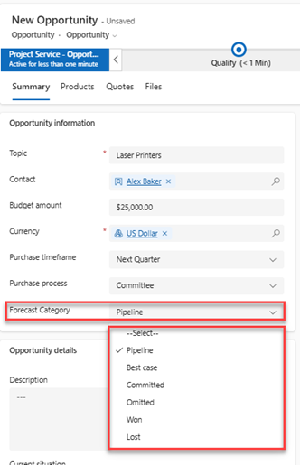 Captura de ecrã de um formulário de oportunidade com a categoria Previsão expandida.