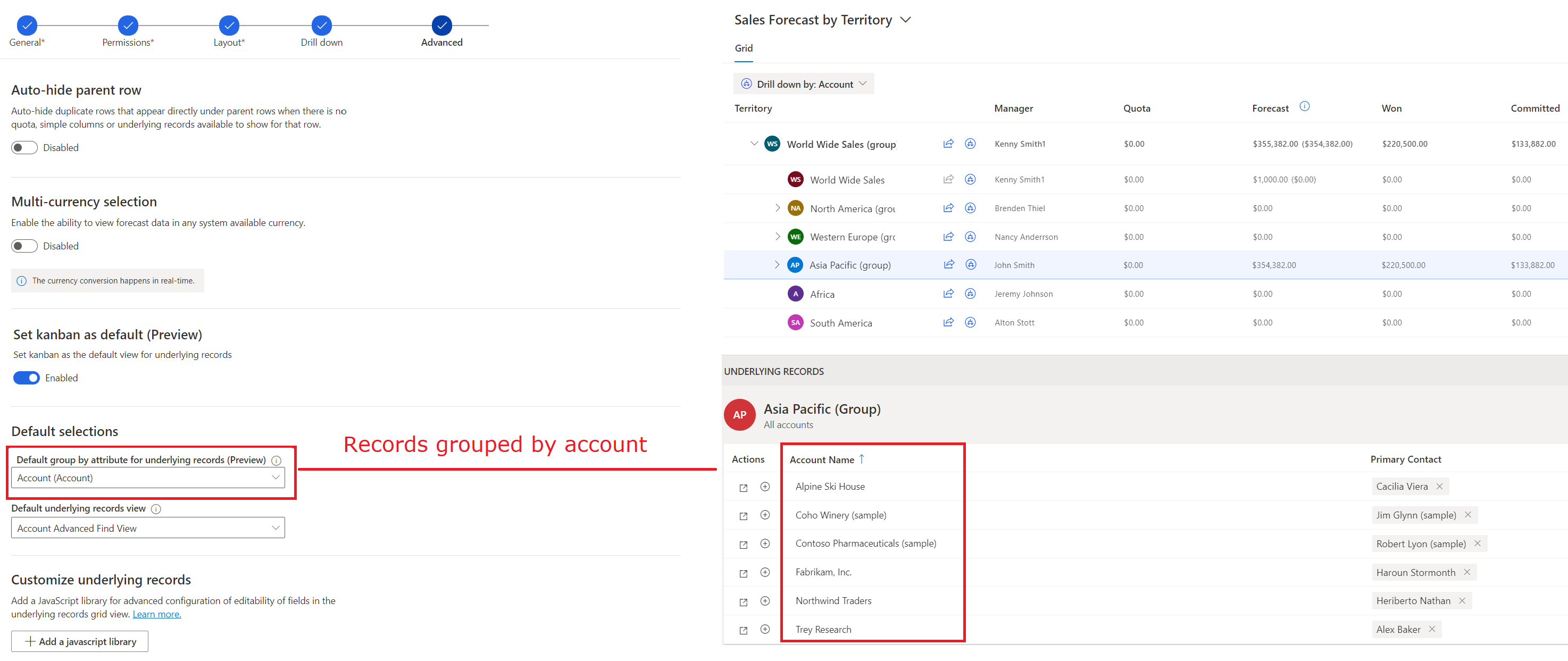 Uma captura de ecrã da opção Agrupar por atributo e como os registos são agrupados com base no atributo selecionado.