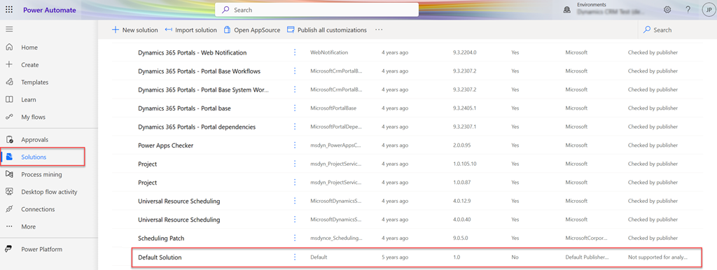 Captura de tela da opção Default Solution (Solução padrão).