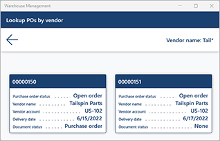 Receção de compra utilizando a pesquisa de PO por fornecedor, exemplo 2.