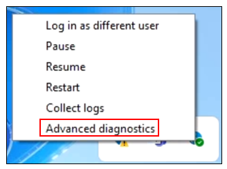 Captura de ecrã das opções do Global Secure Access System Tray, Diagnóstico avançado.