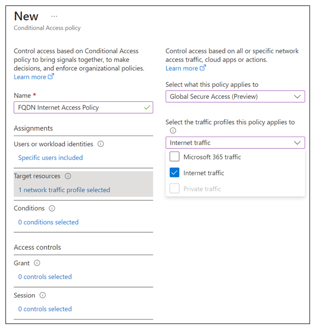 Captura de ecrã do Acesso Condicional, Nova política de Acesso Condicional para bloquear a Política de Acesso à Internet FQDN, Recursos de destino.