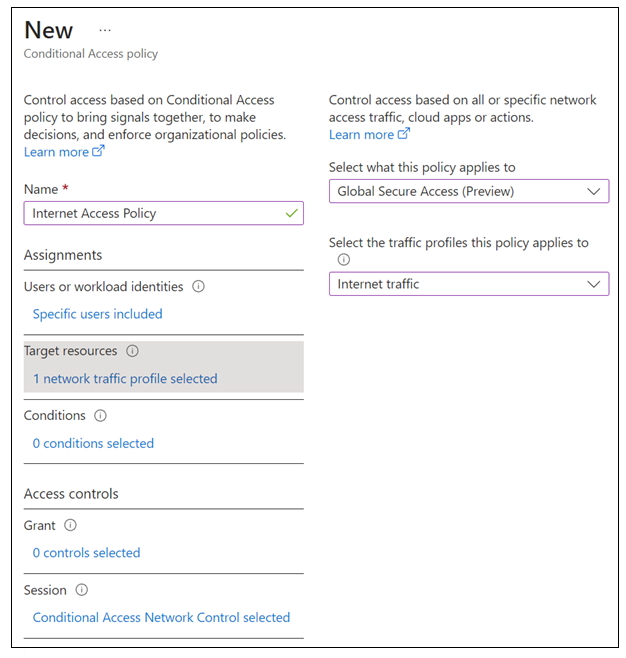 Captura de ecrã de Acesso Condicional, Nova política de Acesso Condicional para Política de Acesso à Internet, Recursos de destino.