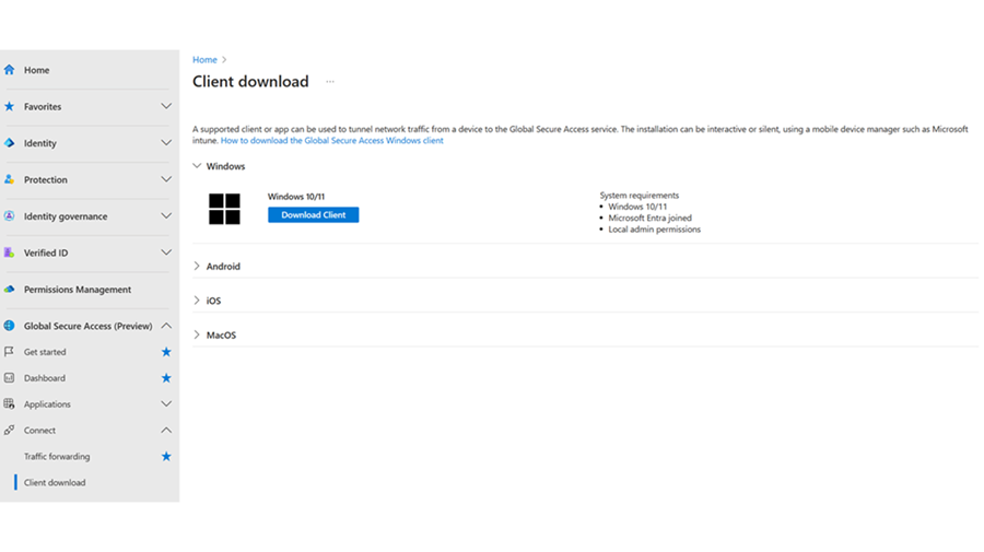 Diagrama que mostra onde fazer o download do software cliente Global Secure Access.