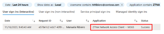 Captura de ecrã da janela da lista de registos de início de sessão que mostra o separador interativo Início de sessão do utilizador.