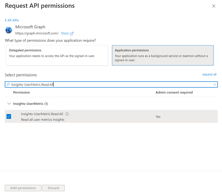 Captura de tela da solicitação de permissões de API.