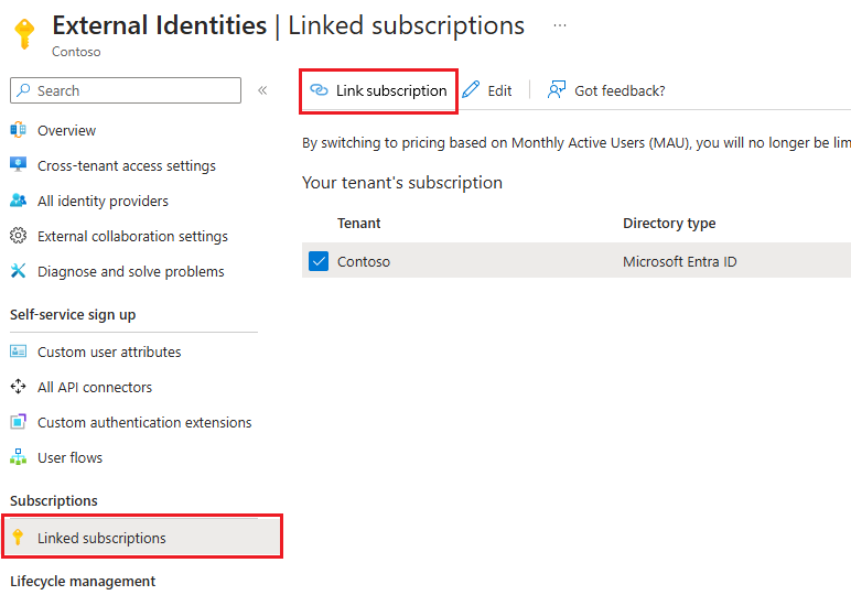 Captura de ecrã da opção de ligação a uma subscrição.