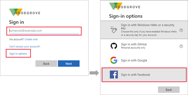 Opções de login para usuários do Facebook