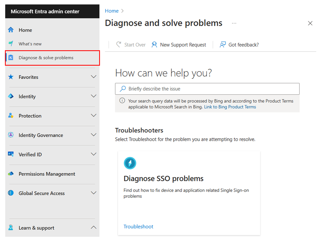 Captura de ecrã do menu Diagnosticar e resolver do centro de administração do Microsoft Entra.