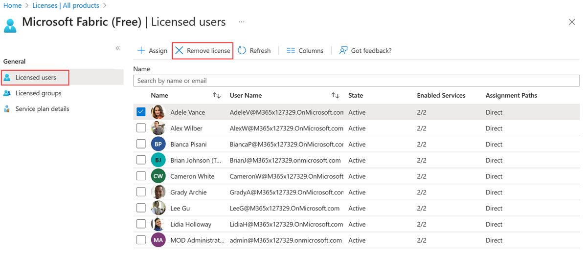 Captura de ecrã da página Utilizadores licenciados com a opção Remover licença realçada.