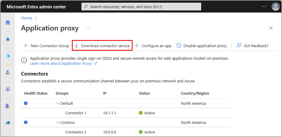 Captura de ecrã do botão de download do serviço de conector na página do proxy da aplicação.