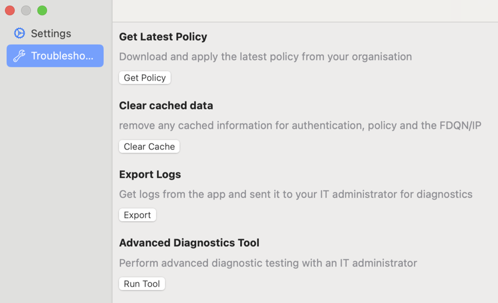 Captura de ecrã da vista Definições e Resolução de Problemas do macOS, com o separador Resolução de problemas selecionado.