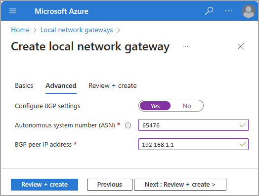 Captura de tela dos campos ASN e BGP no processo de gateway de rede local.