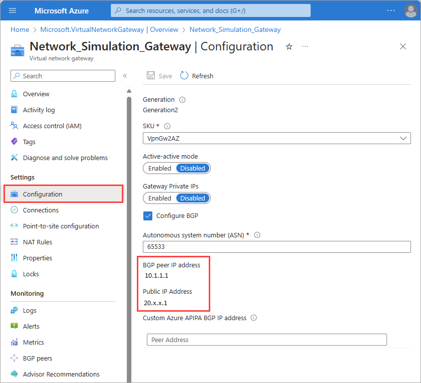 Captura de tela mostrando como localizar os endereços IP públicos de um gateway de rede virtual.