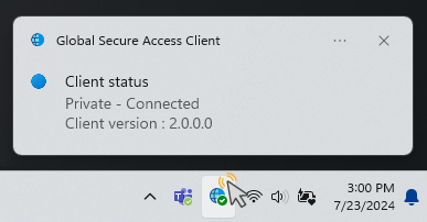 Captura de ecrã do ícone do tabuleiro do sistema do cliente Global Secure Access juntamente com o estado de funcionamento atual de Connected.