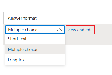 Pacote de acesso - Política- Selecione Editar e localize o formato de resposta de múltipla escolha