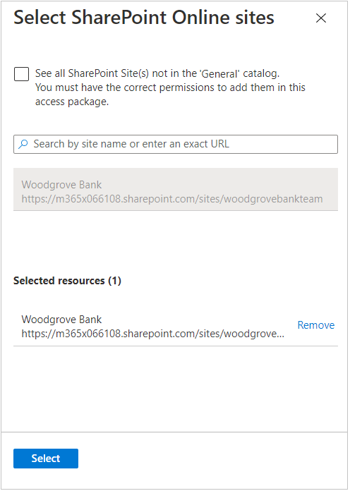 Pacote do Access - Adicionar funções de recurso - Selecione sites do SharePoint Online