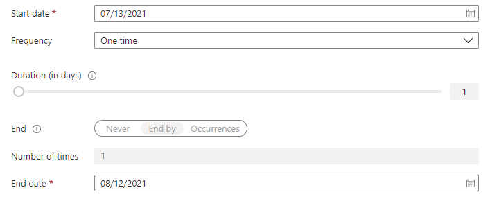 Data de início, frequência, duração, fim, número de vezes e captura de tela de data de término.