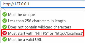 Caixa de diálogo de erro no portal do Azure mostrando URI de redirecionamento de loopback baseado em HTTP não permitido