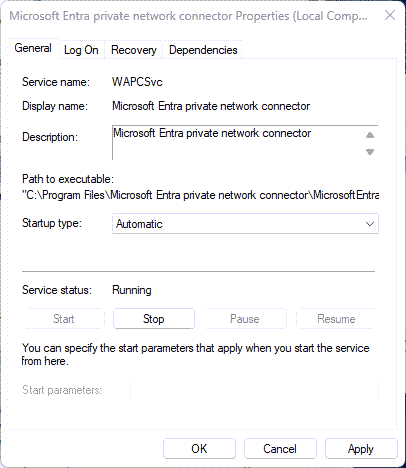 Captura de ecrã da janela Propriedades do conector de rede privada Microsoft Entra