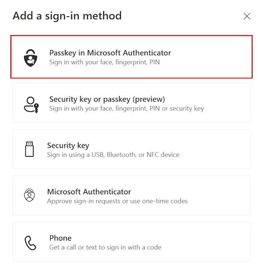 Captura de tela que mostra como selecionar a chave de acesso no Authenticator como um método de entrada.